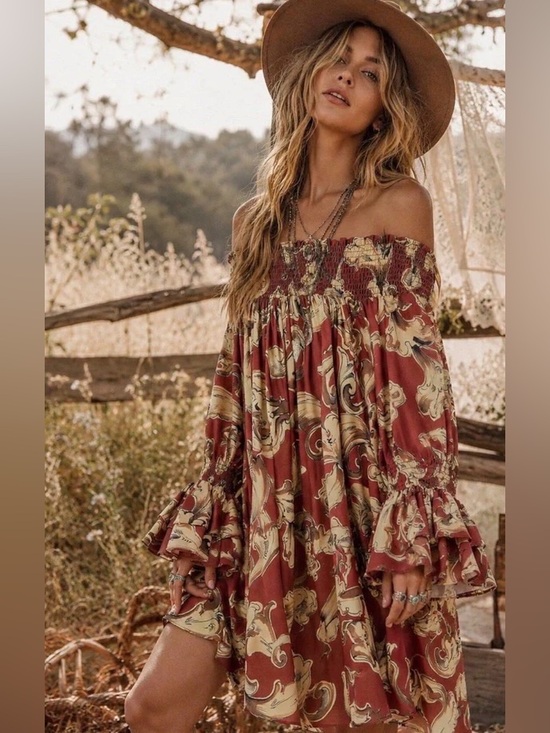 Dresses & Skirts - 0247.  Off-Shoulder Boho Paisley Mini Dress in Rust